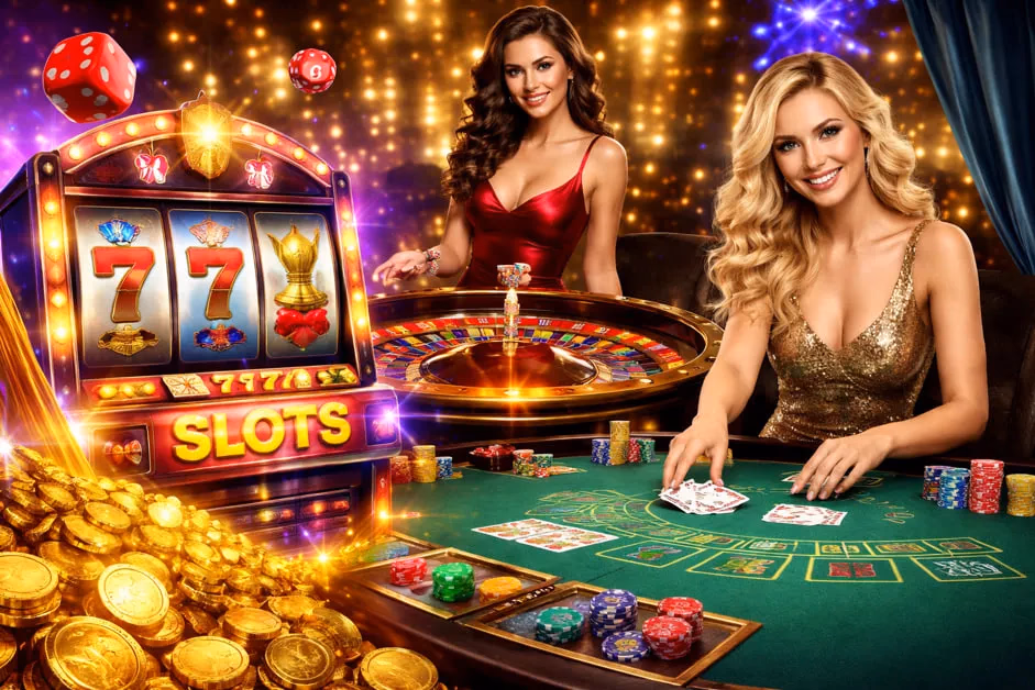 Two glamorous women in a luxurious casino with slot machines, roulette, playing cards, poker chips, and piles of gold coins.