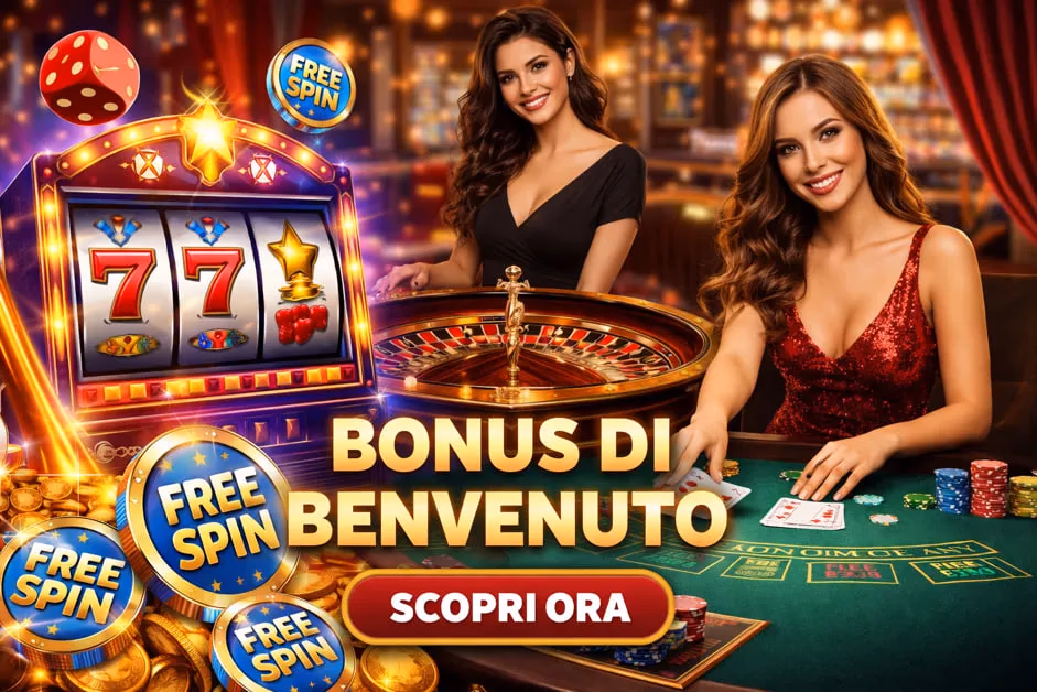 Casino welcome bonus banner featuring two glamorous women, a slot machine, roulette wheel, free spin icons, gold coins, and Italian promotional text.