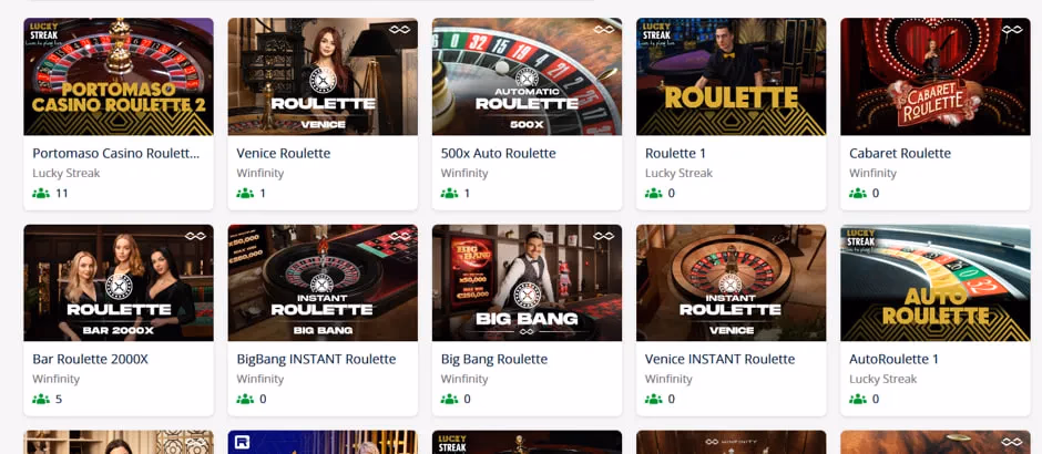 A grid of online casino roulette games featuring colorful thumbnails, game titles, providers, and player counts.